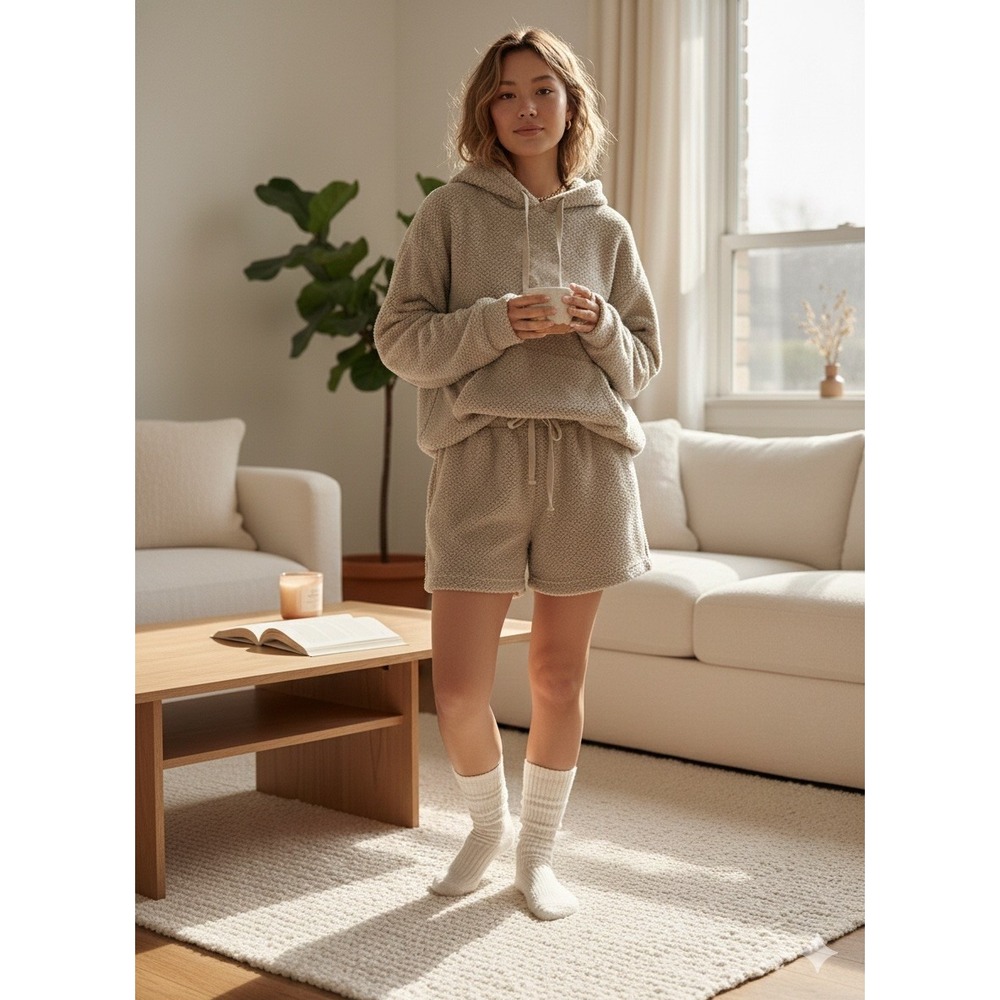 Negative Space‎ Sherpa Shorts S Small Oatmeal Beige Fleece Lounge Cozy Soft Girl